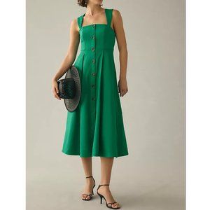 Anthropologie Maeve Square-Neck Buttondown Dress Emerald Green - 00 XXS